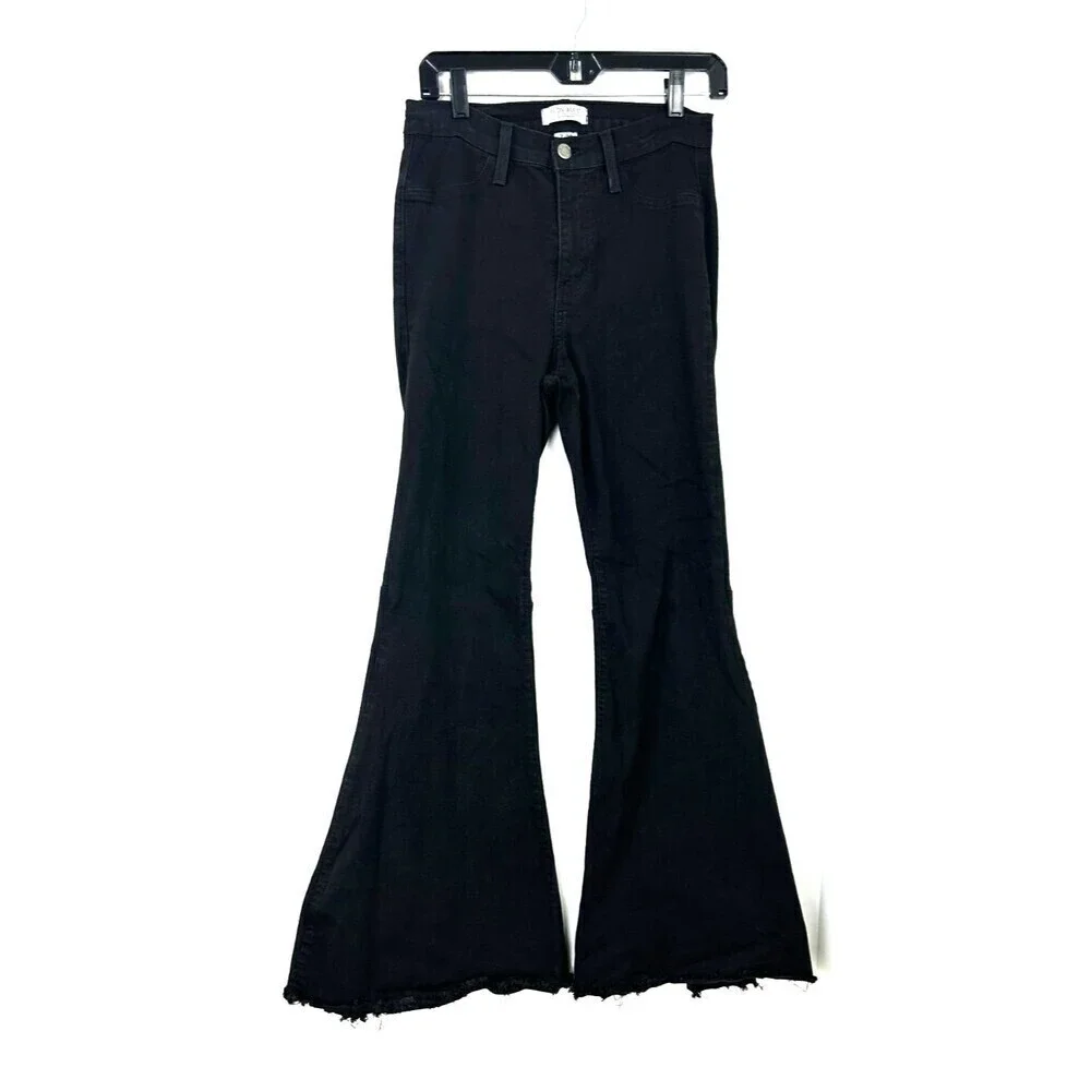 Judy Blue Jeans Womens Sz 7 Black Super Flare High Rise Dark Wash Raw Hem 1083U4